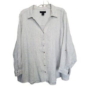TAHARI Linen Blend Pinstriped Roll-Tab Sleeve Button-Up Shirt Size 3X Beachy